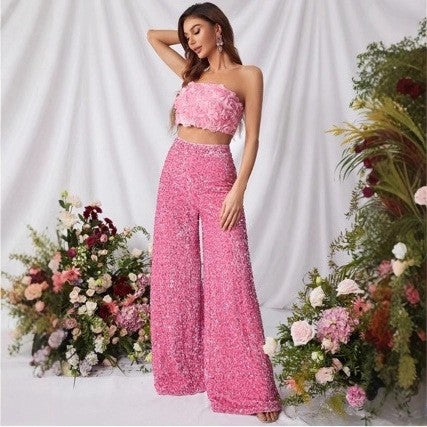 Solid Color Sequin Wide Leg Pants High Waist Slimming Dress Pants