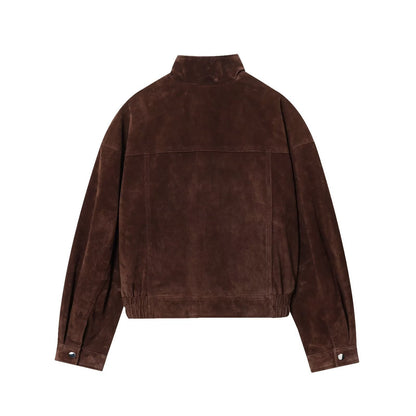 Womens Stand Collar Long Sleeve Suede Jacket