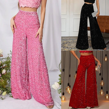 Solid Color Sequin Wide Leg Pants High Waist Slimming Dress Pants