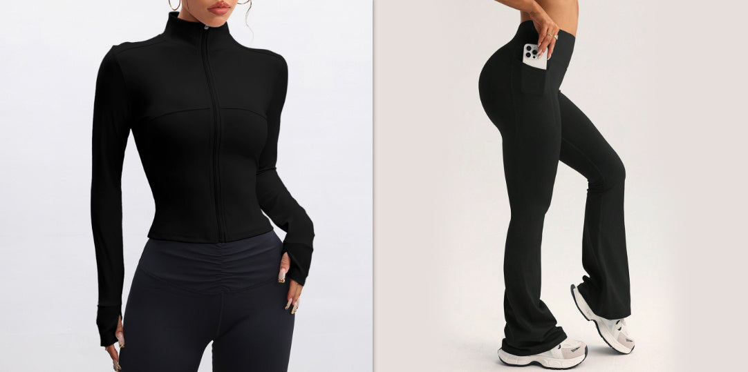 Opstaande kraag lange mouwen ritsjas broek met hoge taille wijde pijpen set