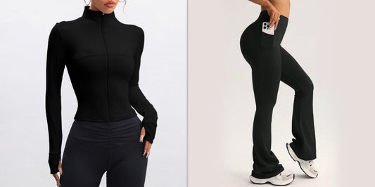 Opstaande kraag lange mouwen ritsjas broek met hoge taille wijde pijpen set