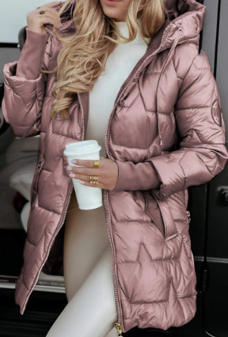 Women Hooded Mid-Length Cotton Jacket Solid Color
