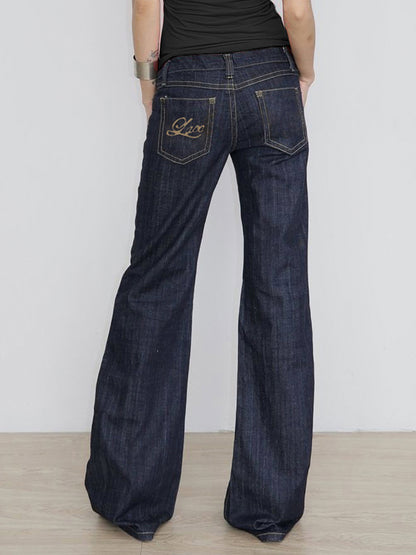 Letter Embroidery Low-Waist Flared Jeans