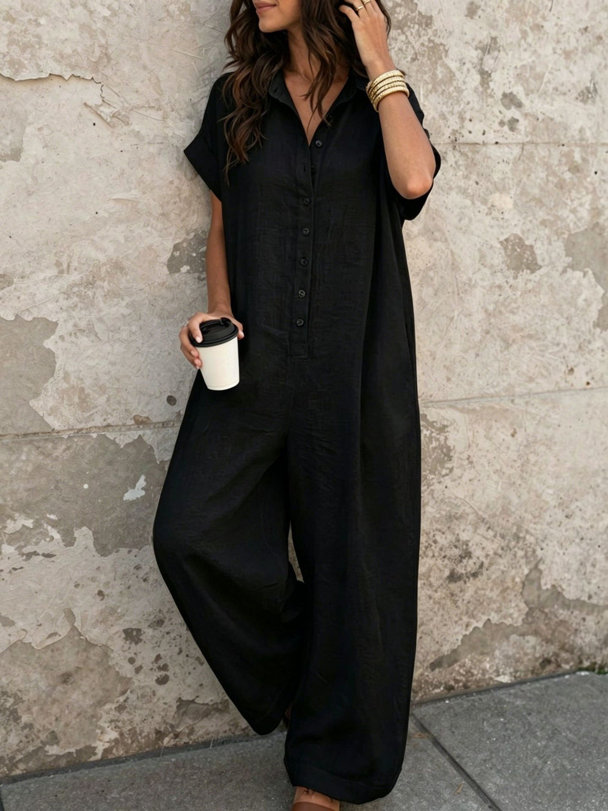 Short Sleeve Button Front Loose Fit Jumpsuit