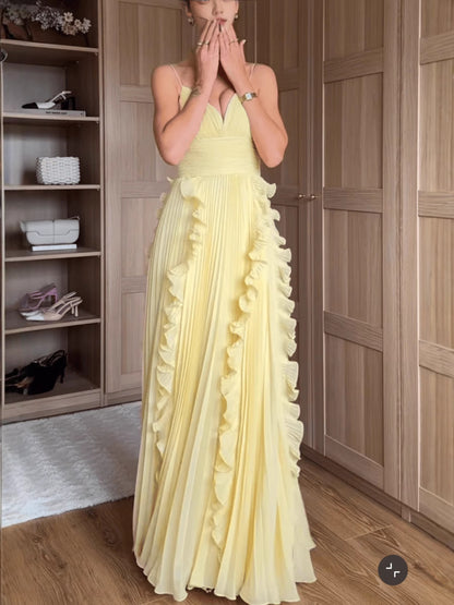 V-Neck Sleeveless Waist-Cinching Ruffled Flared Dress