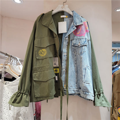 Women's patchwork color-matched denim coat