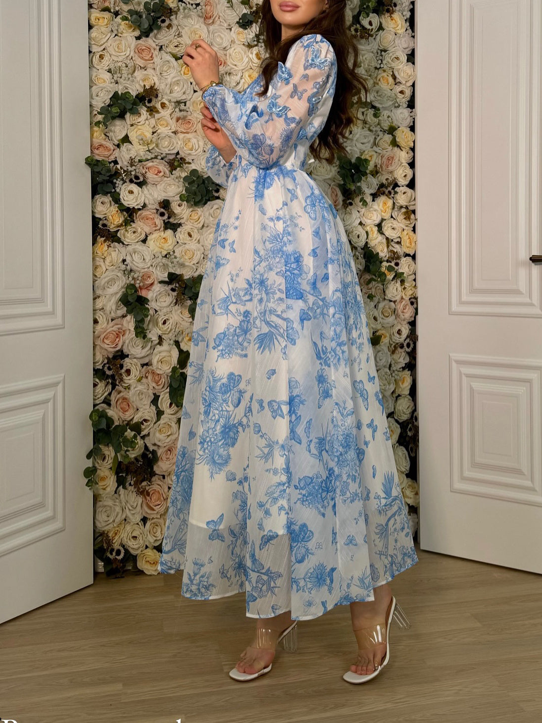 Vlinderprint V-hals lange mouwen jurk