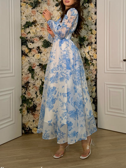 Vlinderprint V-hals lange mouwen jurk