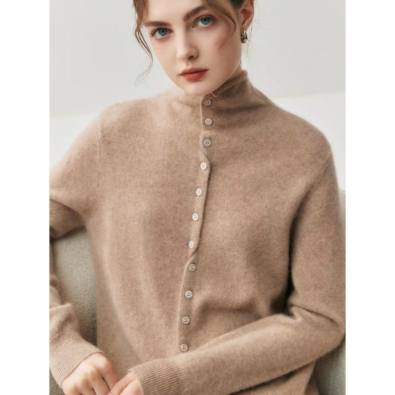 Reversible Cashmere Cardigan Women High Neck Knitted Sweater