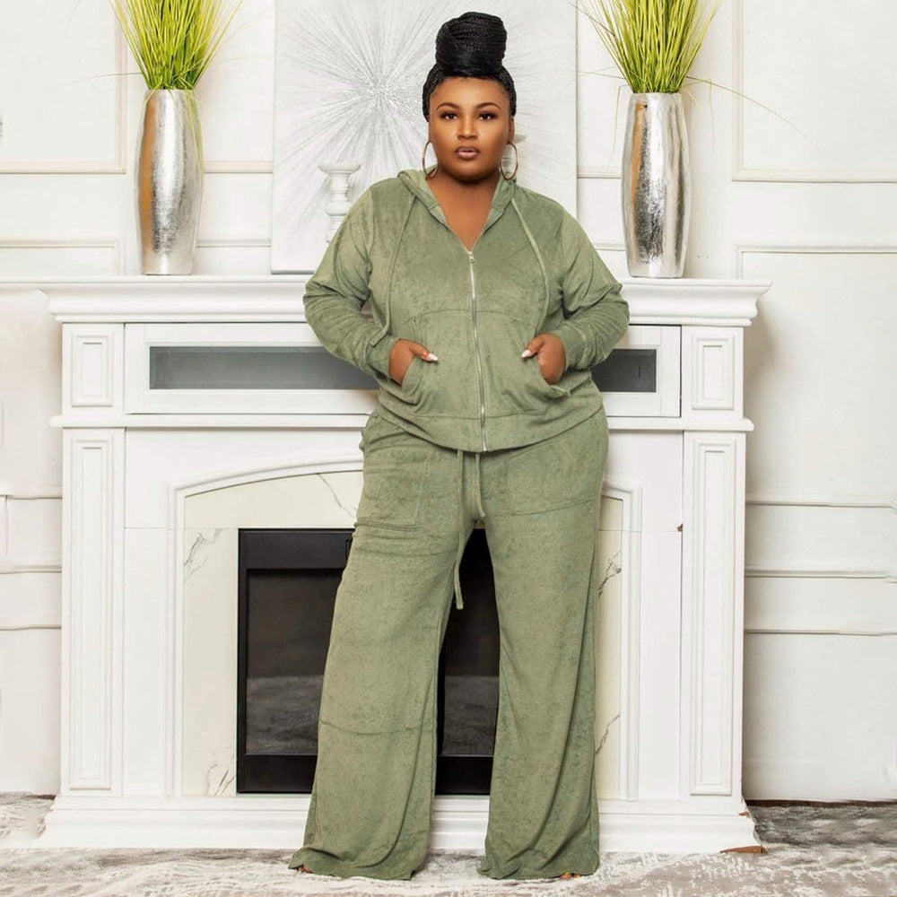 Plus size dames tweedelige set sweatvest met rits en capuchon + broek met hoge taille en wijde pijpen