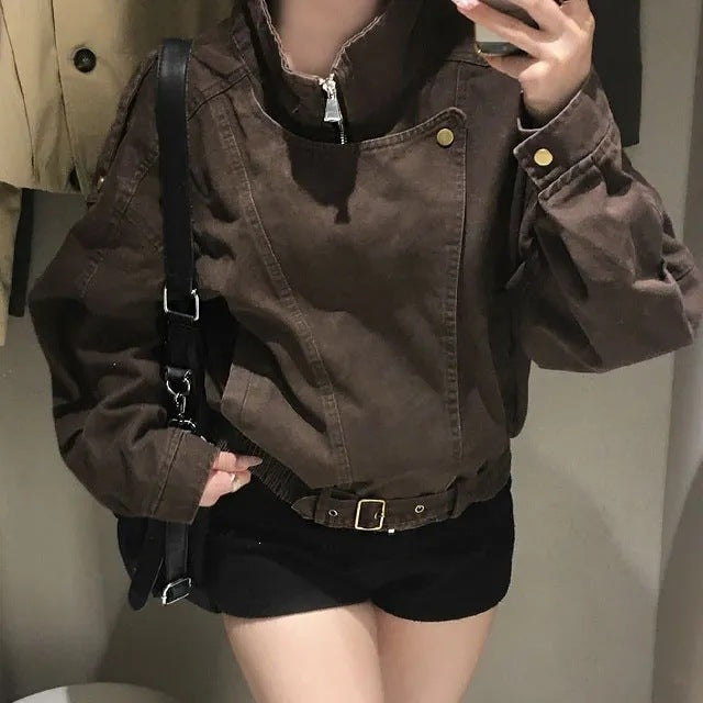 New vintage stand collar motorcycle coat