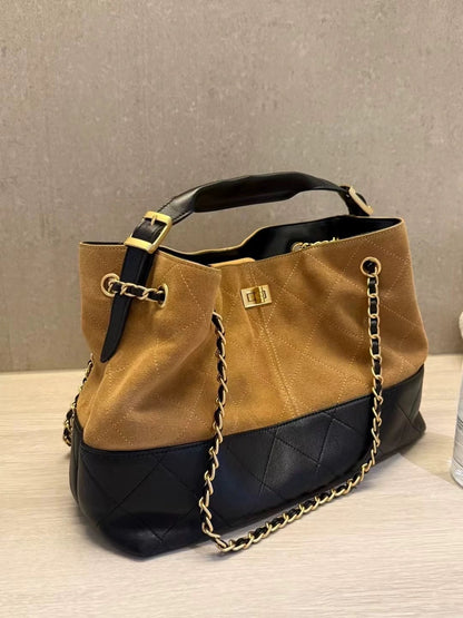 Tweed Style Suede Tote Bag with Chain Strap