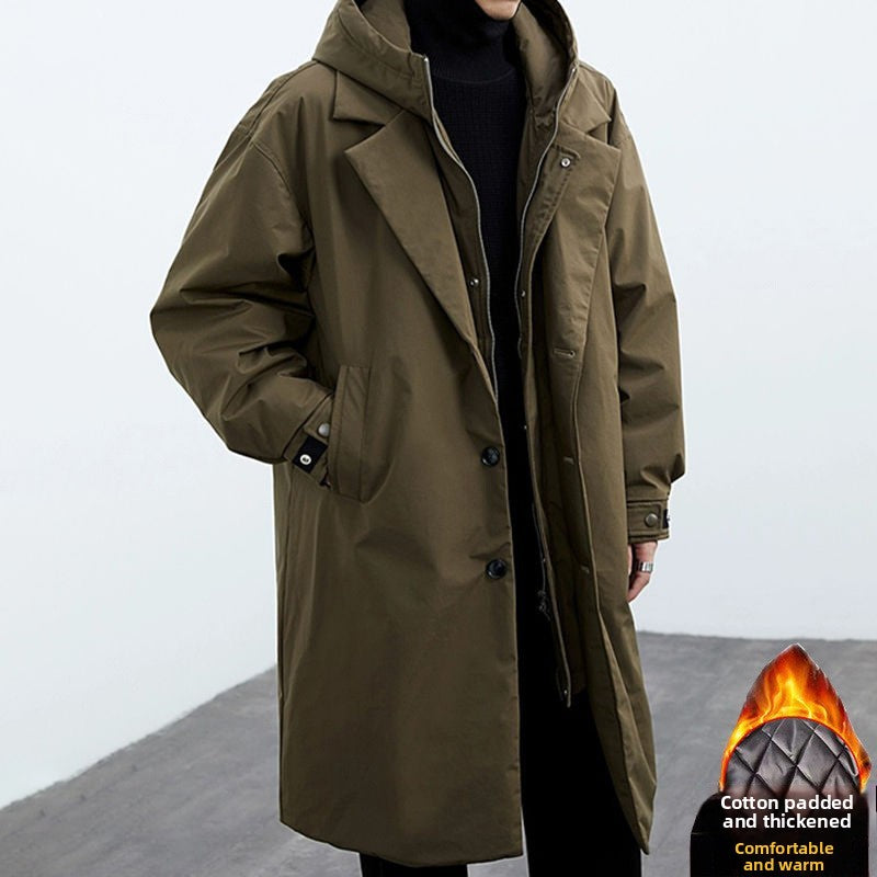 Men's faux two-piece hooded mid-length windbreaker