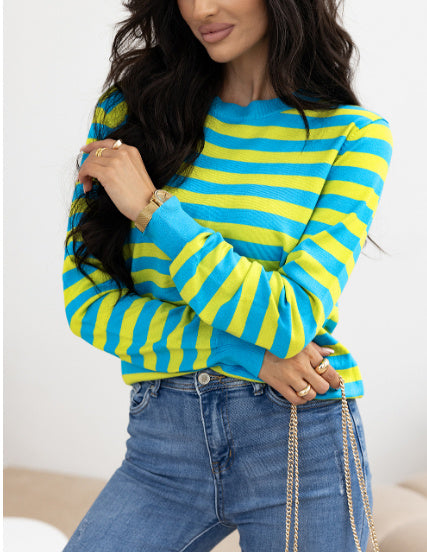 Groene gestreepte losse schouder casual trui