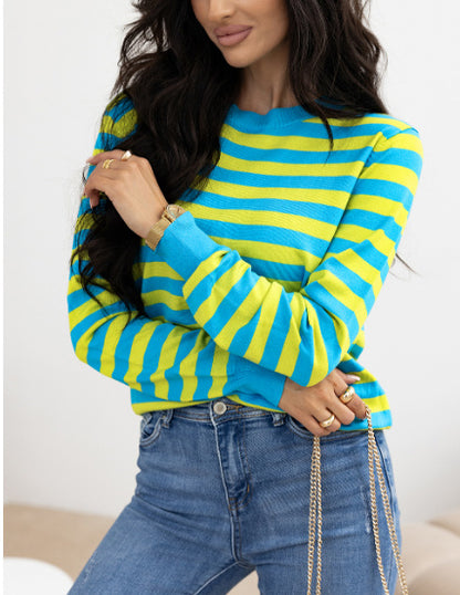 Groene gestreepte losse schouder casual trui