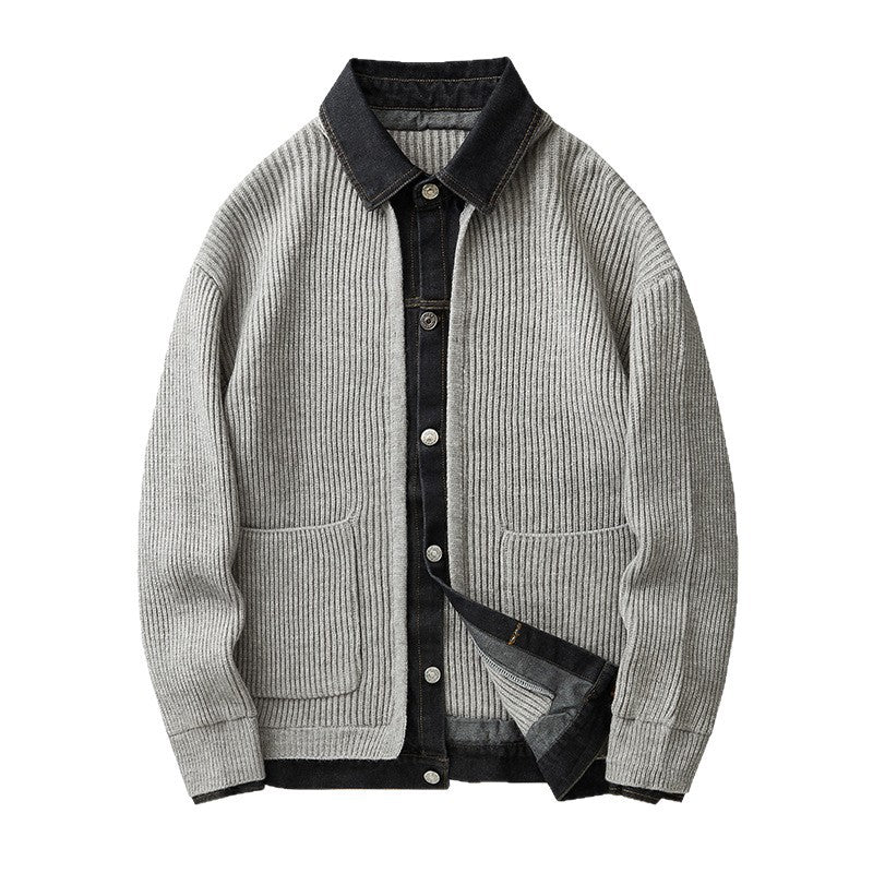 Mens Denim Patchwork Knit Cardigan