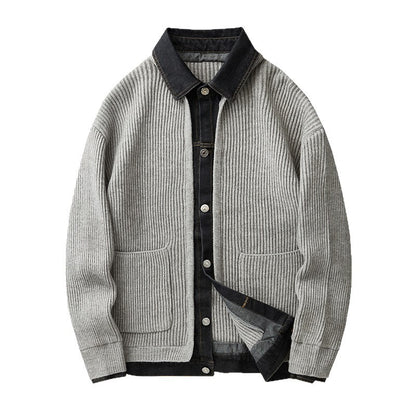 Mens Denim Patchwork Knit Cardigan