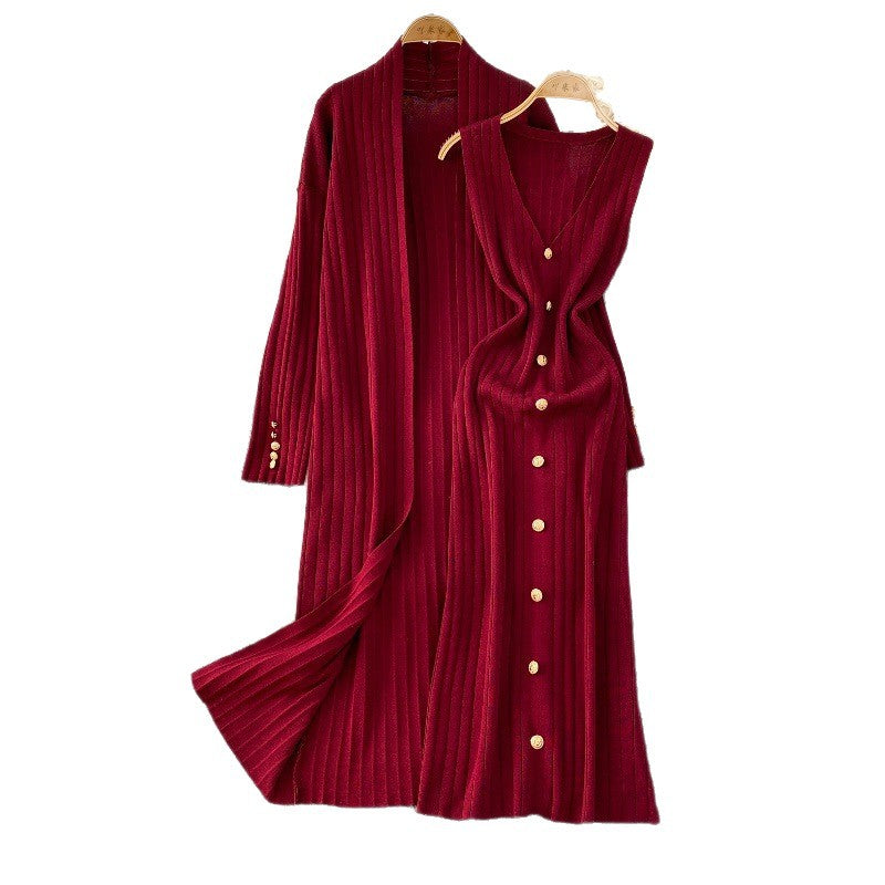 Elegant Knitted Shawl Jacket and Vest Dress Suit