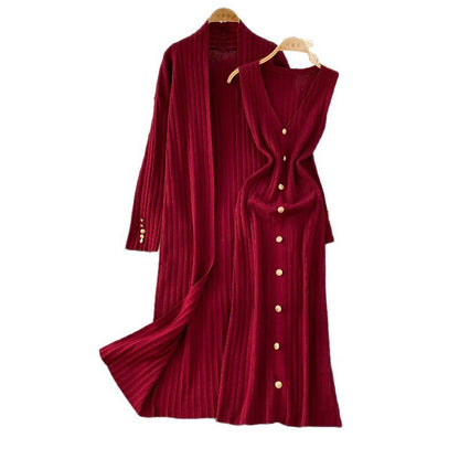 Elegant Knitted Shawl Jacket and Vest Dress Suit