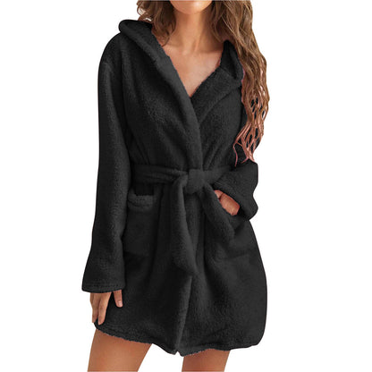 Womens Plush Hooded Bathrobe Warm Homewear