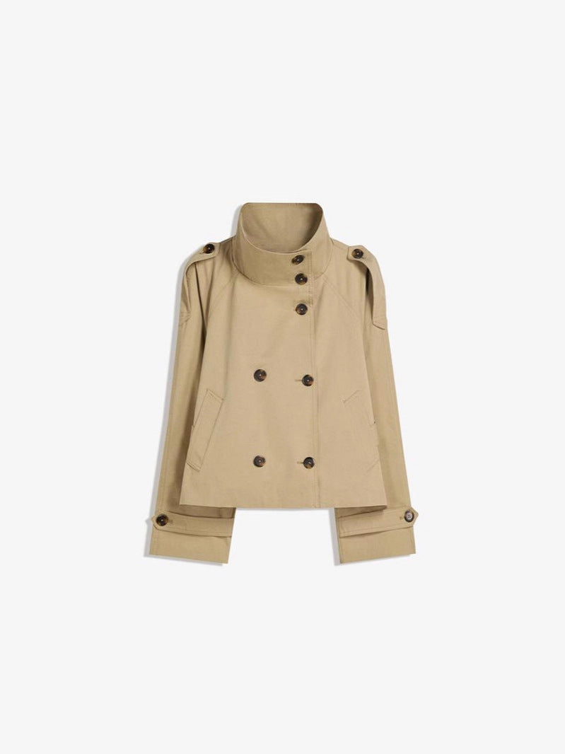 Retro V-neck double-buttoned belted short coat with zipper closure