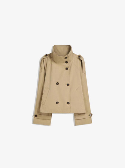 Retro V-neck double-buttoned belted short coat with zipper closure