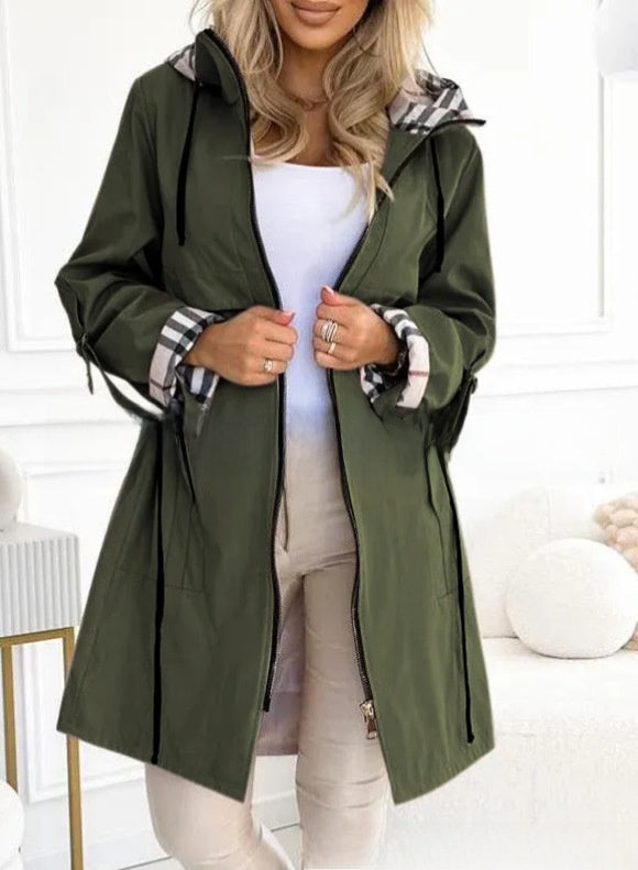 Women's Hooded Plaid Printed Windbreaker Coat