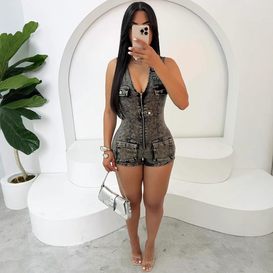 Women's Stretch Denim Jumpsuit Sleeveless High Waist