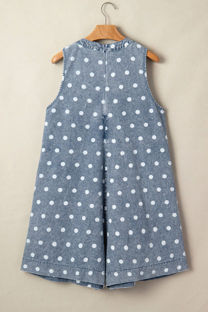 Korte wijde mouwloze jumpsuit van denim met stippenprint strik V-hals en plooien