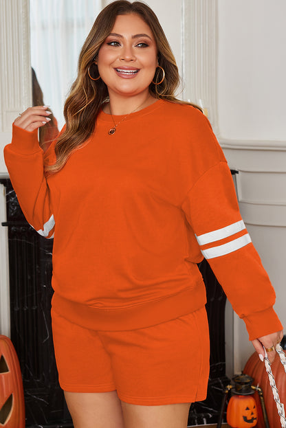 Oranje plus size sweatshirt met varsity-strepen op de mouwen en bijpassende shorts