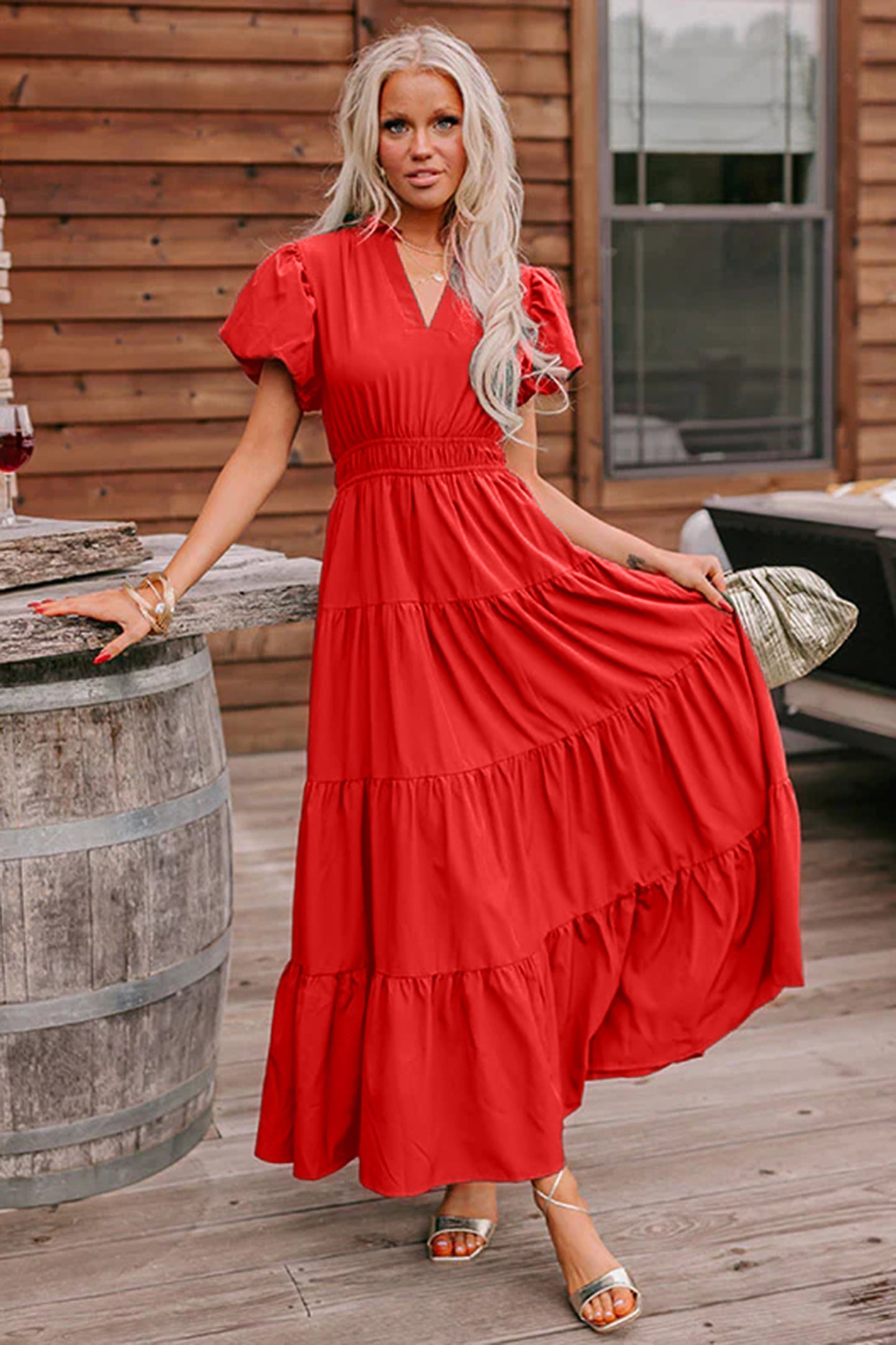 Effen maxi-jurk met V-hals korte pofmouwen en hoge taille