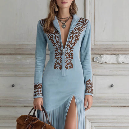 Retro Ethnic Tassel Floral Zipper Long Dress