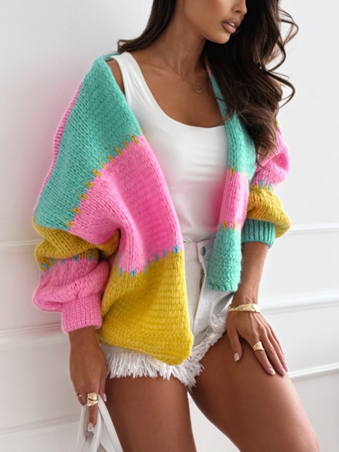 Color Block Splicing Knitted Cardigan Women's Loose Knit Sweater Jacket