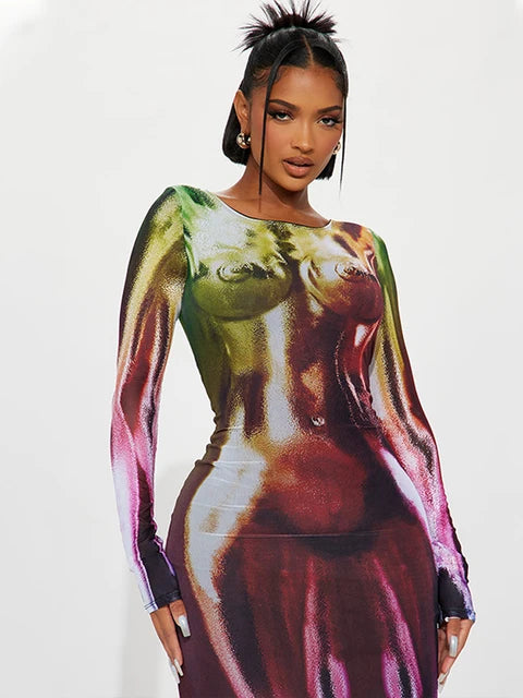 Spring Autumn Fashion Long Sleeve Party Club Streetwear Bodycon Midi Dress