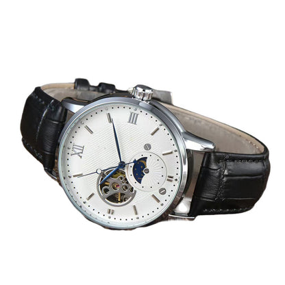 Men's Automatic Mechanical Watch Genuine Leather Strap Waterproof Round Dial Fashion Wristwatch