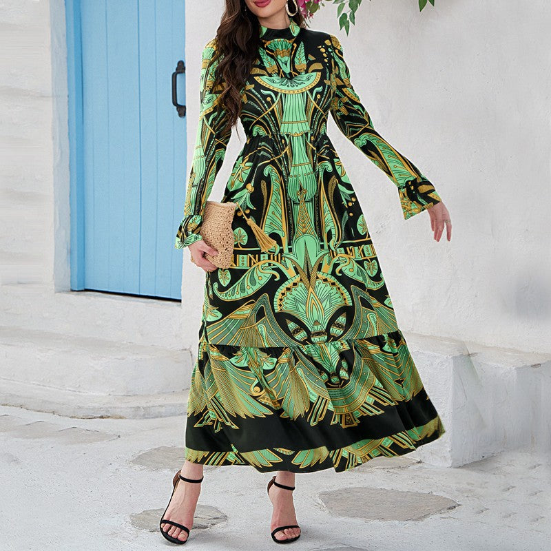 Summer New Middle Eastern Casual Fashion Women's Round Neck Positioning Printed Long Sleeve Long Skirt