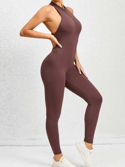 Women Zipper One Piece Yoga Wear Cut Out Back Jumpsuit with Chest Pad