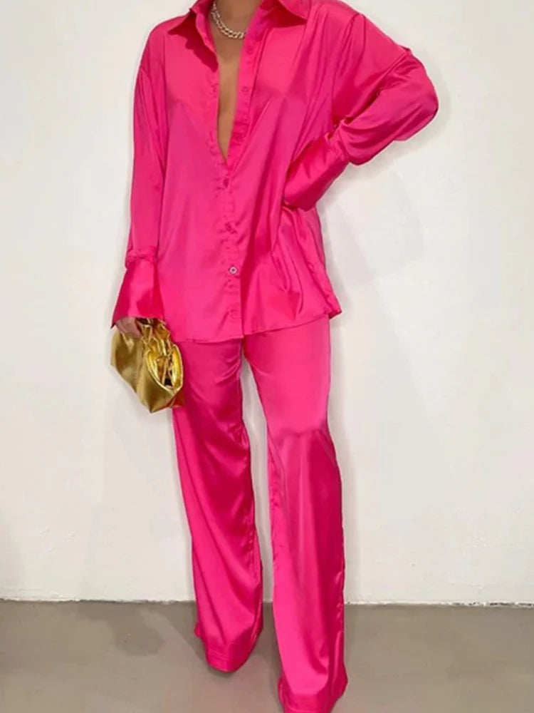 Elegant Satin Women's Matching Sets Casual Long Sleeve Shirt Straight Pants Suit Female  Loose Solid Tops Two Pieces Outfits