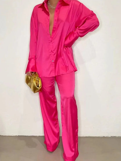 Elegant Satin Women's Matching Sets Casual Long Sleeve Shirt Straight Pants Suit Female  Loose Solid Tops Two Pieces Outfits
