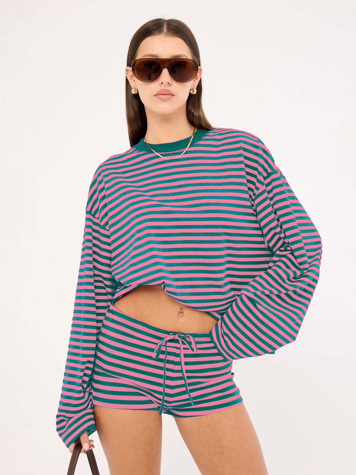 Dames gestreepte short en T-shirt met lange mouwen tweedelig setje
