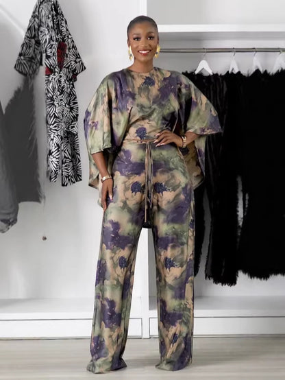 Women's Batwing Shirt and Printed Pants Set