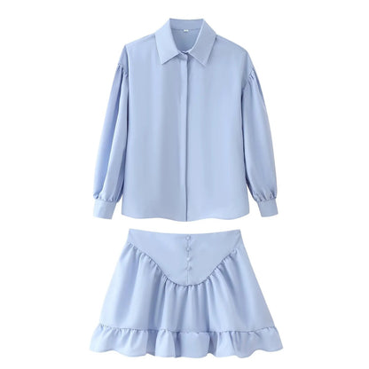 Women's Fashion Lapel Buttoned Blouse with Ruffle Hem Skirt Set