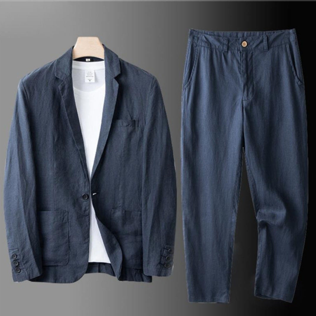 Men's Summer Korean-Style Linen Suit Set ? Slim-Fit, Lightweight Cotton-Linen Casual Blazer and Trousers, Sun-Protective Two-Piece Outfit