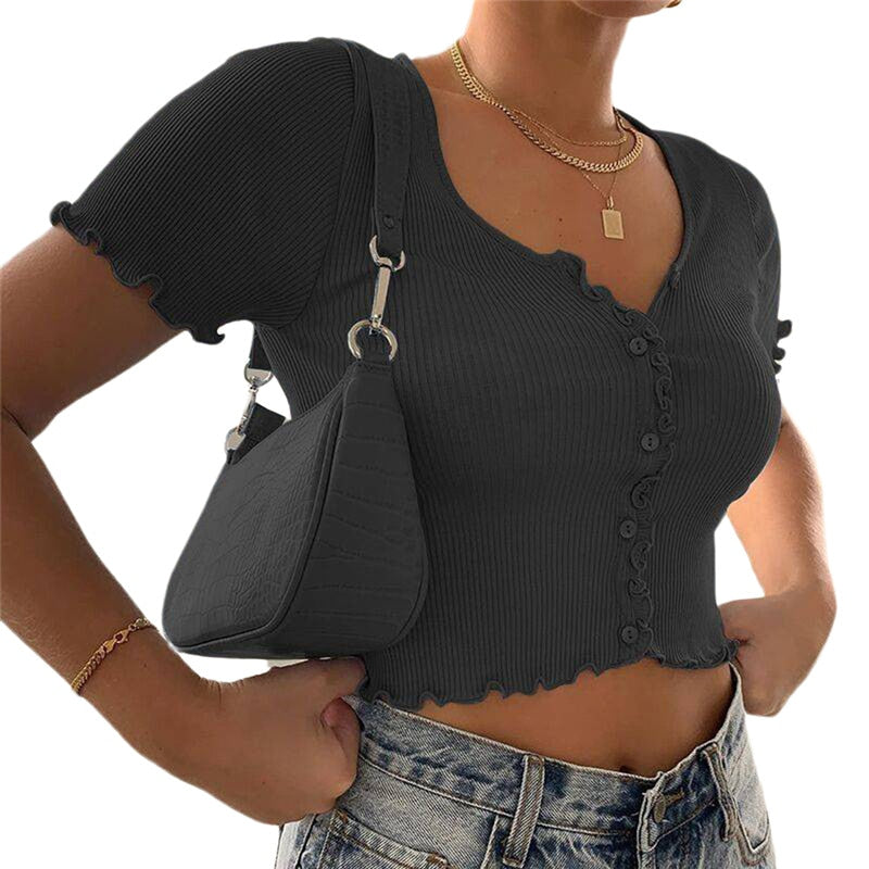 Dames cropped top met V-hals knoopjes korte mouwen en ruches
