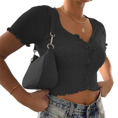 Dames cropped top met V-hals knoopjes korte mouwen en ruches