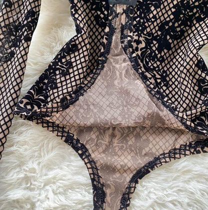 All-In-One Sexy See-Through Long-Sleeved Slim Bottoming Top Leopard-Print Plaid Slim Jumpsuit