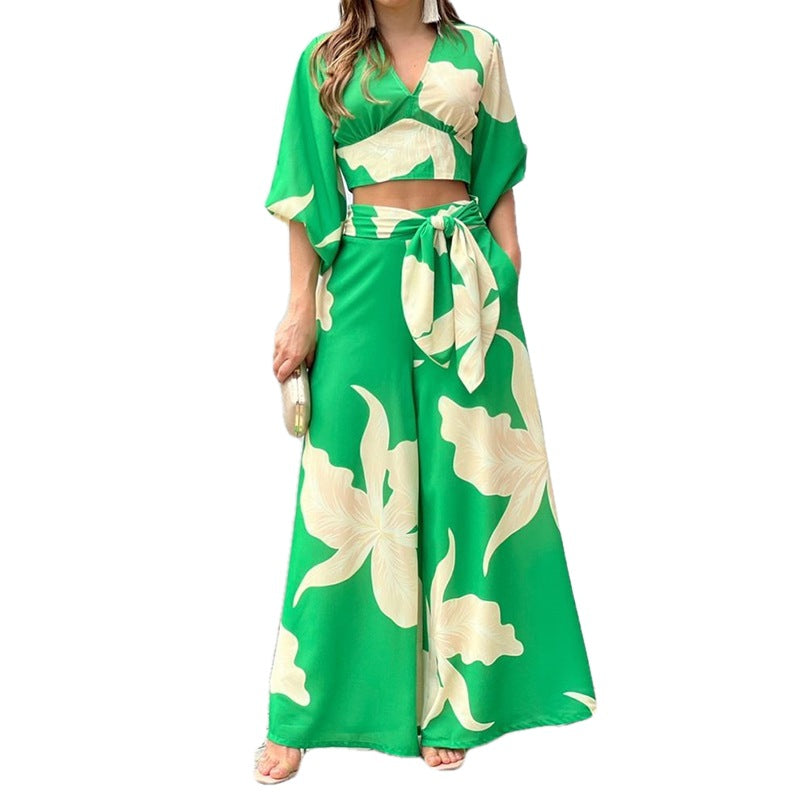 V-neck lantern sleeve short top high waist and wide leg pants