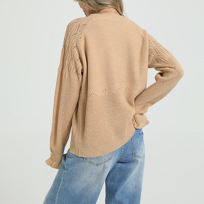 Women's Loose Round Neck Long Sleeve Solid Thick Knit Pullover Sweater