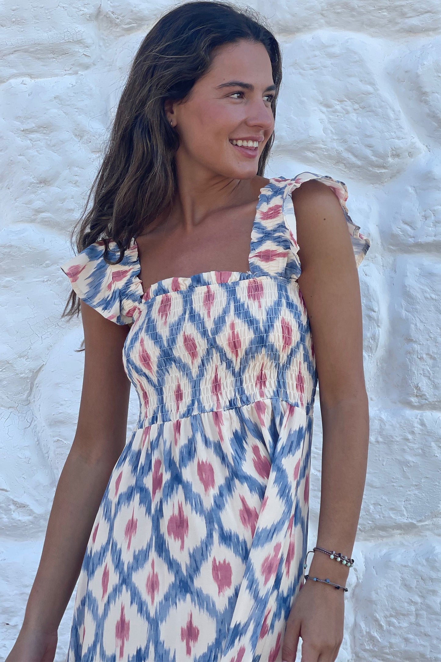 Maxi-jurk met etnische geometrische print vierkante hals hoge taille en ruches