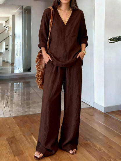 Women's V-Neck Linen Wide-Leg Two-Piece Set
